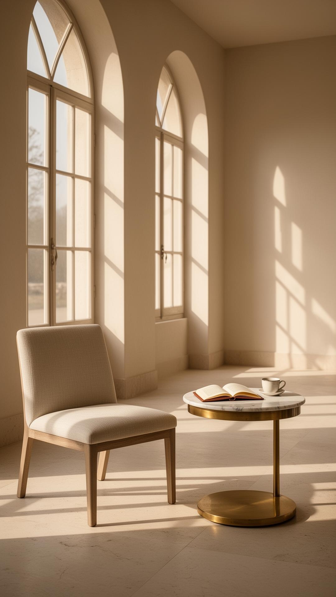 A quiet sunlit study with a single chair and a notebook